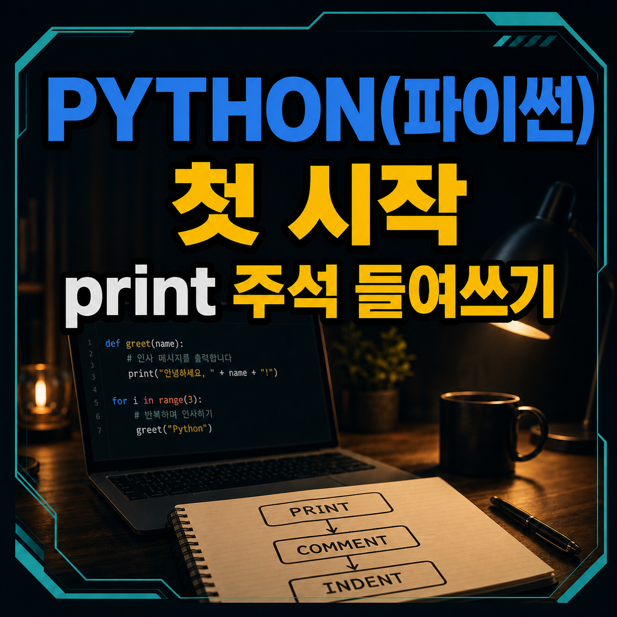 파이썬 첫 시작 print 주석 들여쓰기를 소개하는 코딩 책상 썸네일
