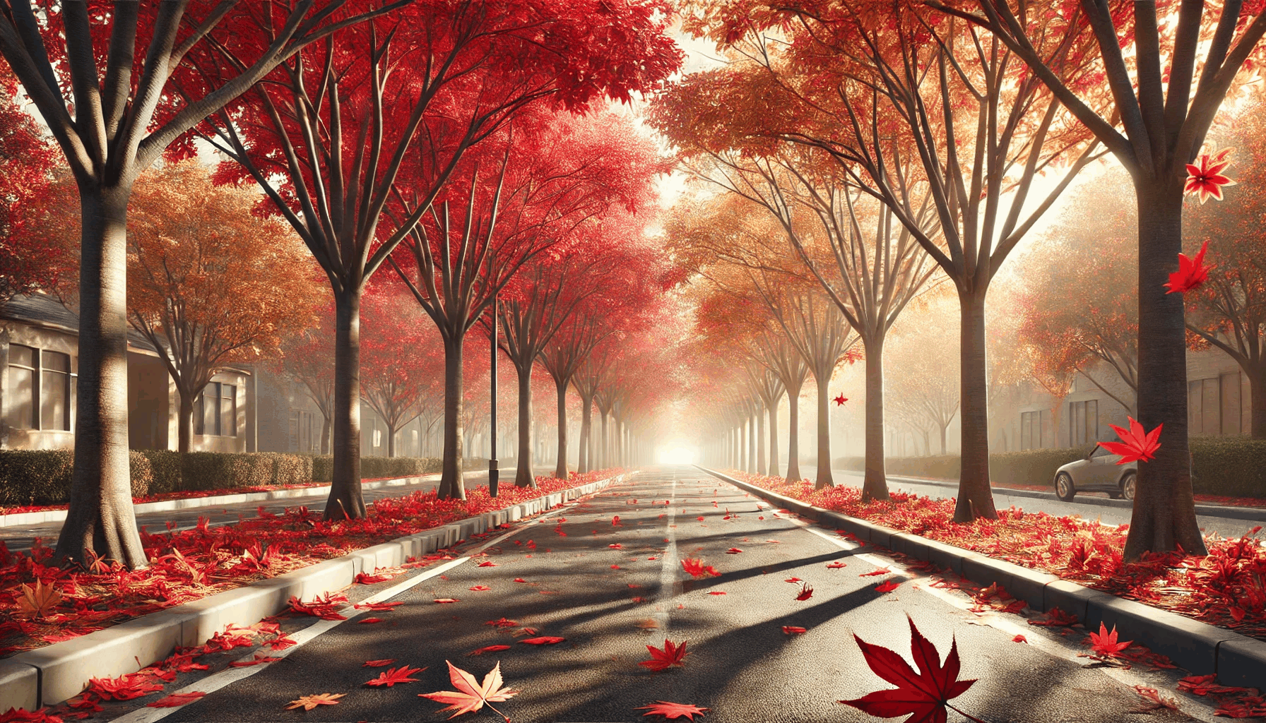 가을의 붉게 물든 단풍이 흩날리는 가로수길 사진