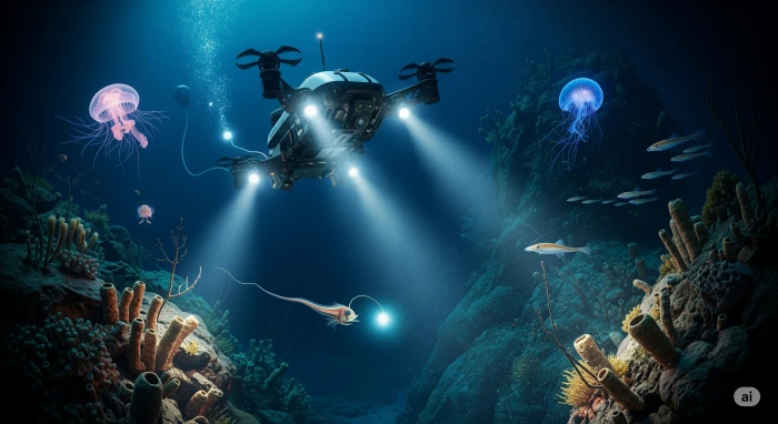 심해를 탐험하는 수중 드론을 표현한 모습