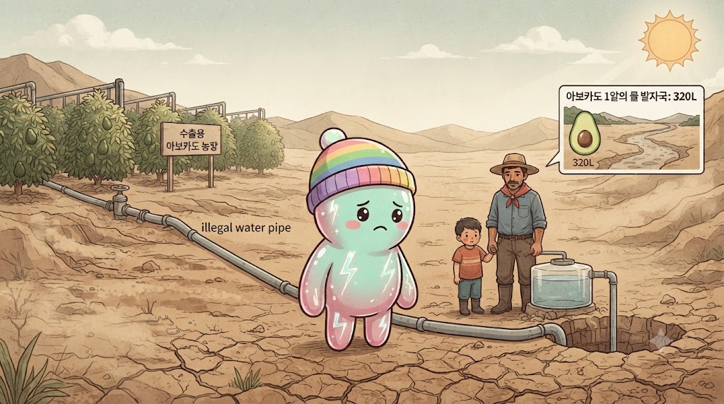 칠레의 건조한 아보카도 농장 지역을 배경으로 합니다. 땅은 갈라져 있고 말라죽은 나무들이 보이며, 멀리 거대한 아보카도 농장이 지하수를 끌어다 쓰는 파이프가 연결되어 있습니다. 그 옆에서 쫀쿠가 물 부족으로 시위하는 현지 주민의 물통을 안타까운 표정으로 바라보고 있습니다