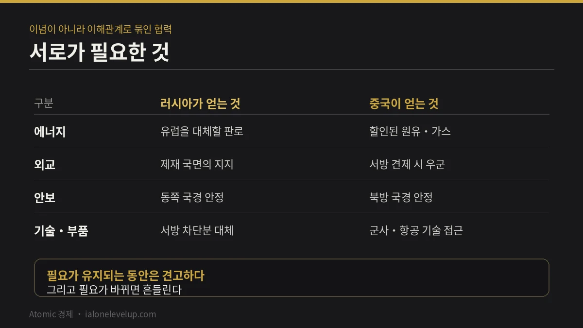 러시아는 판로와 외교적 지지를 중국은 할인된 에너지와 우군을 얻는 이해관계 기반 협력 구조 대응표