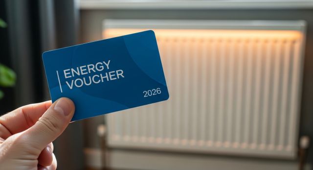 2026년 1월부터 지급되는 에너지 바우처 추가 지원금 선불카드와 따뜻한 실내 난방 기구의 모습