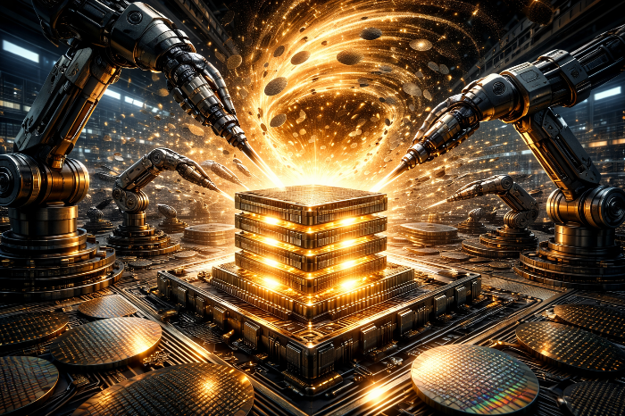 AI 서버용 HBM 생산에 모든 자원이 집중되어 범용 D램 생산량이 급감하는 반도체 공정 현황 시각화.