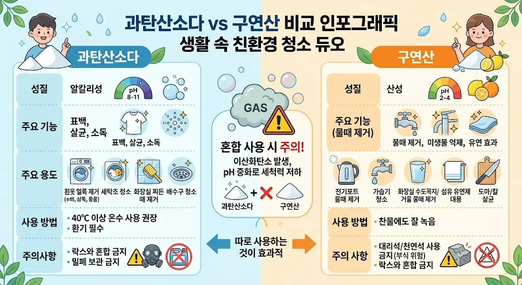 과탄산소다와 구연산의 청소 용도와 특징을 비교한 인포그래픽