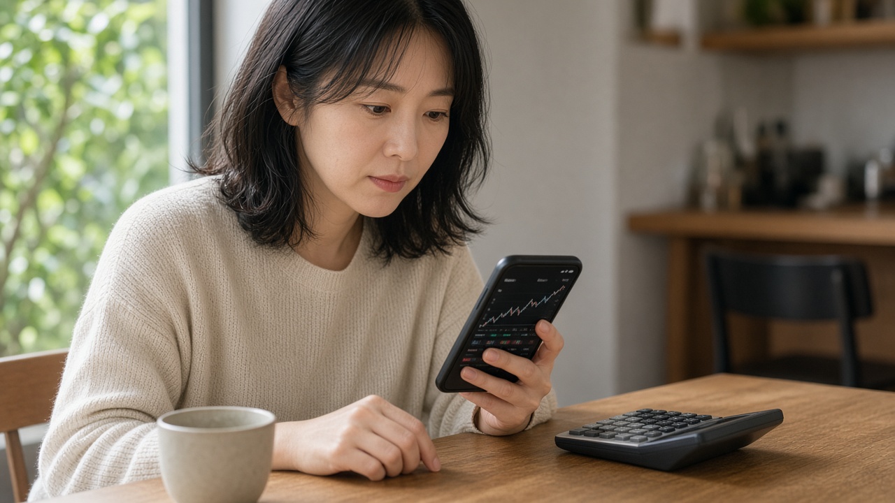 카페 테이블에서 스마트폰 증권앱 화면과 계산기를 번갈아 보며 PER을 확인하는 30대 한국인 여성