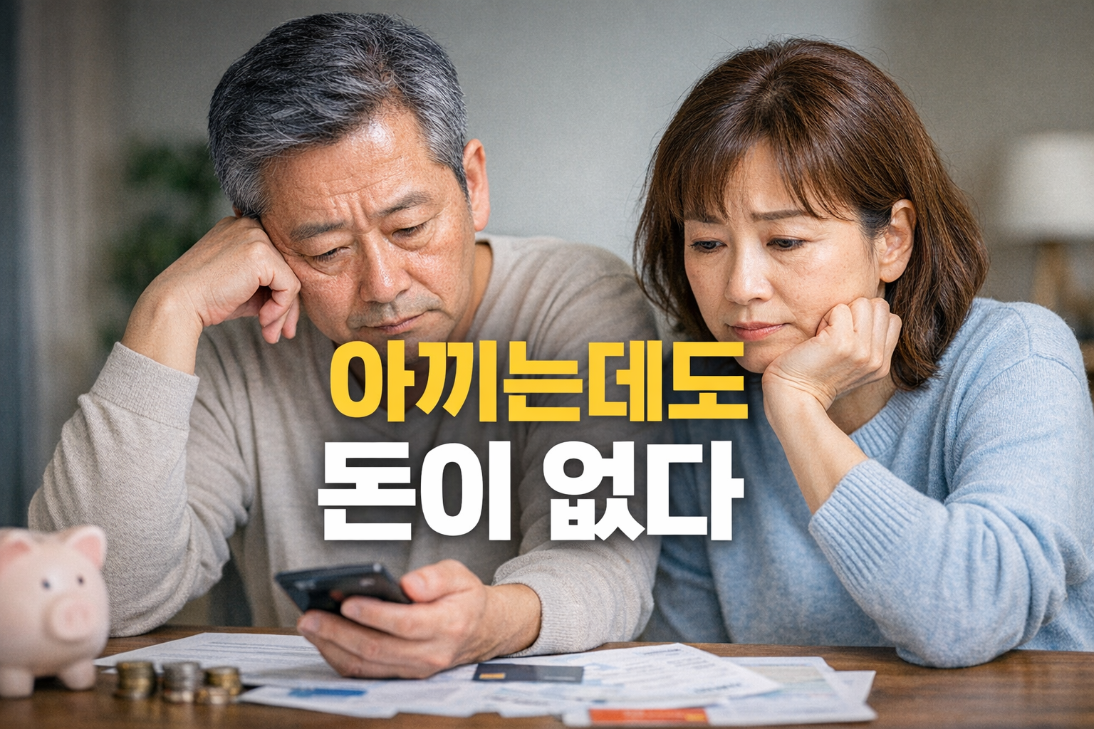 지출을 줄이고 있지만 돈이 부족해 고민하는 중년 부부의 모습, 생활비와 카드값 부담 상황