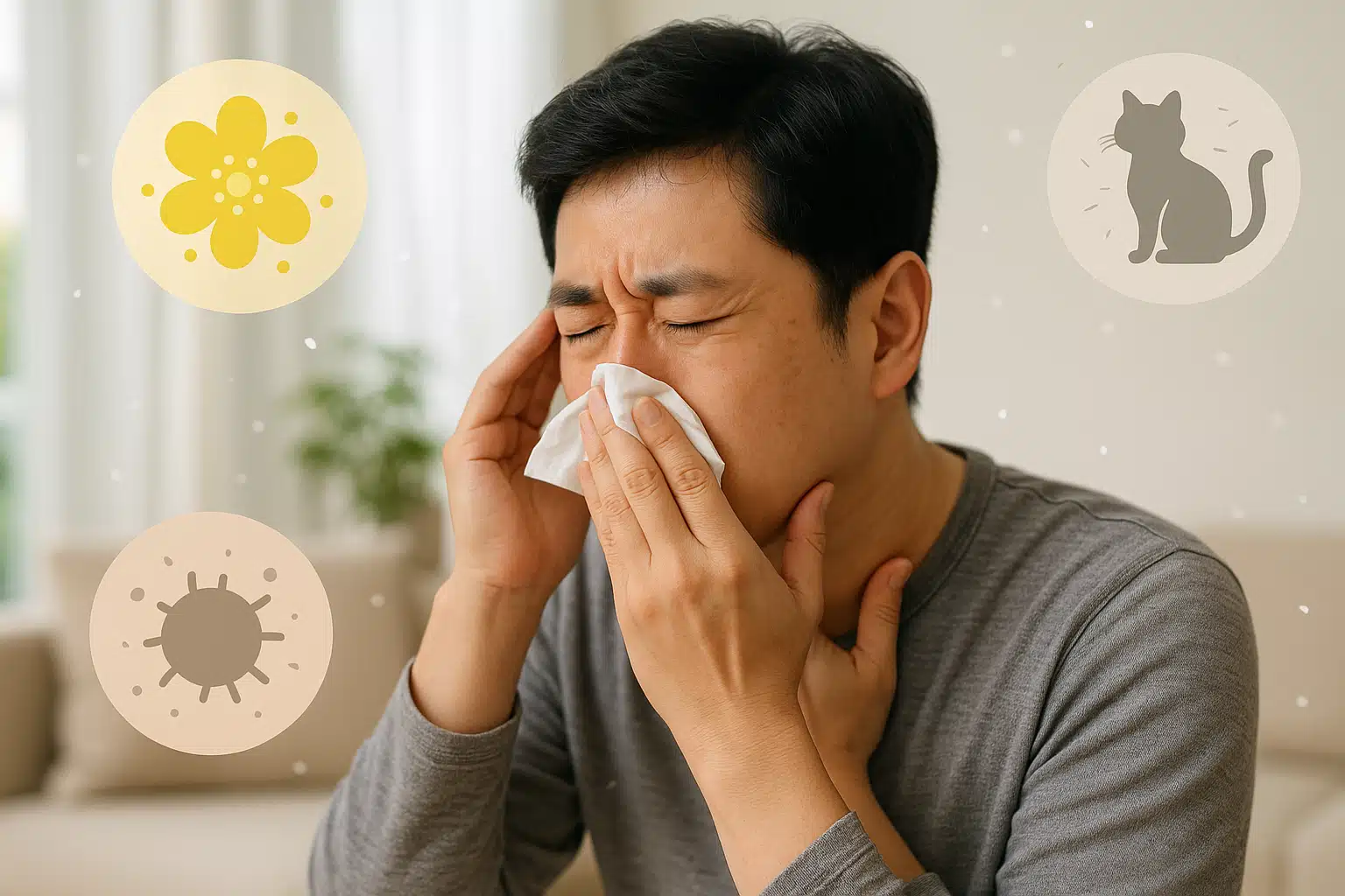 꽃가루, 애완동물 털, 집먼지 진드기 아이콘이 공중에 떠 있는 장면, 재채기와 코막힘, 눈 가려움을 호소하는 인물, 목이 간질거리는 표정
