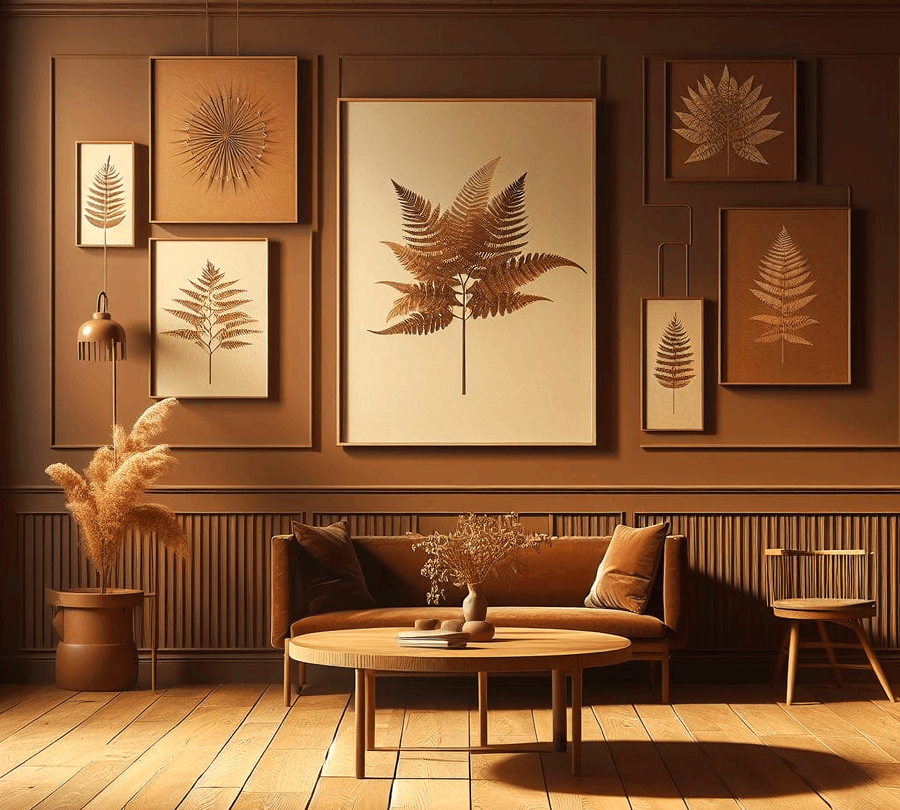 갈색 거실 풍경이다. 갈색 별에 나뭋잎 사진 액자들이 여러개 걸려있고 갈색 소파와 갈색 원목 탁자가 있다.