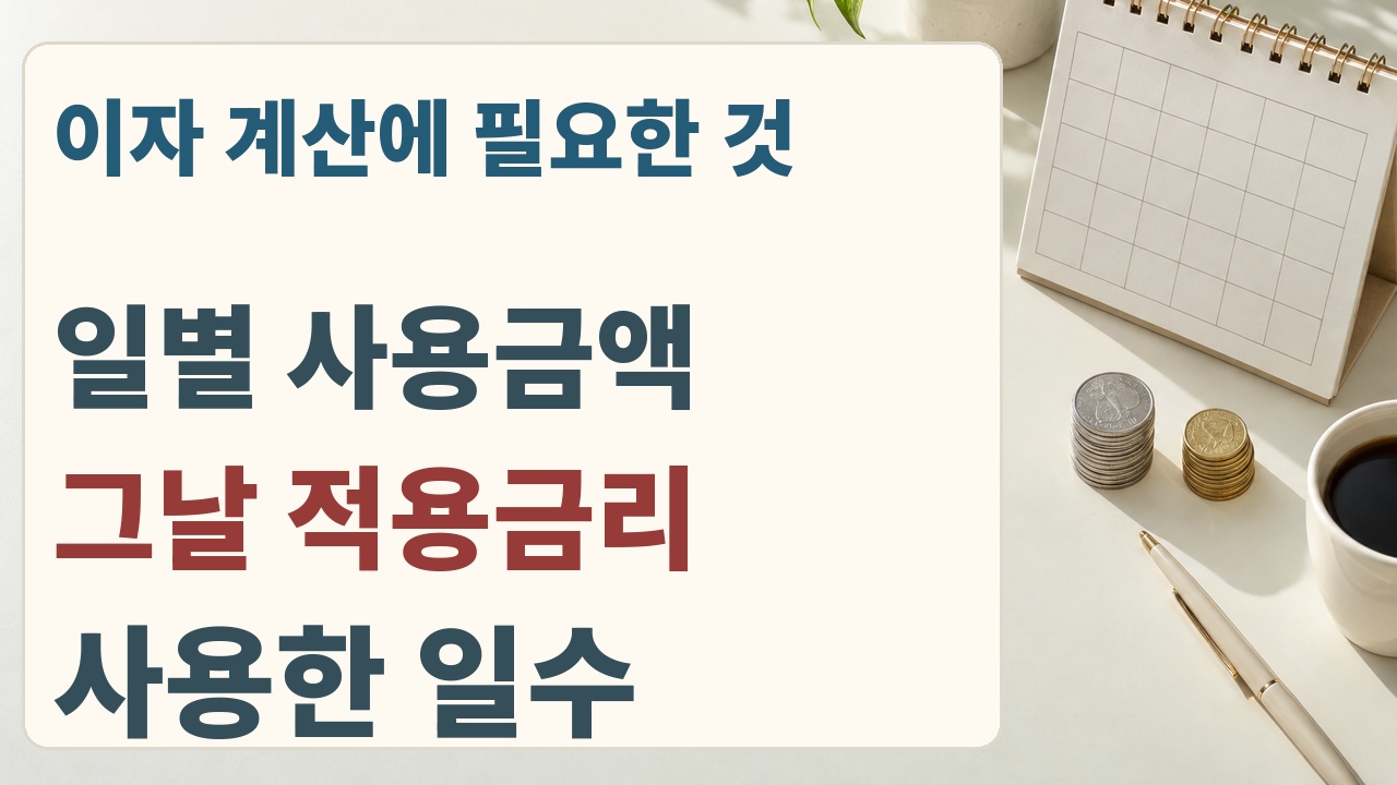 마이너스통장 이자 계산에서 일별 사용금액과 적용금리, 사용일수를 나누어 확인하는 안내