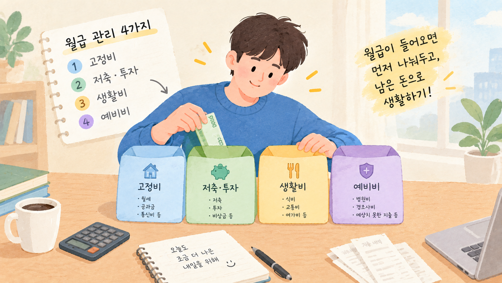 월급을 고정비와 저축, 생활비, 예비비로 나누어 관리하는 모습