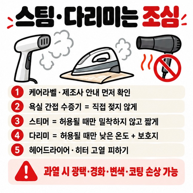 욕실 간접 수증기 의류 스티머 낮은 온도 보호지 다림질과 헤어드라이어 고열 금지 주의사항을 보여주는 카드