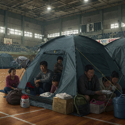체육관 대피소에서 텐트를 치고 생활하는 이재민들의 모습