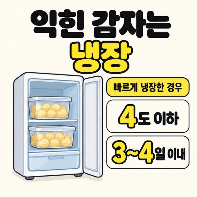 익힌 감자를 얕은 용기에 나눠 냉장고에 넣고 빠르게 냉장한 경우 4도 이하에서 3~4일 이내 보관 기준을 안내한 이미지