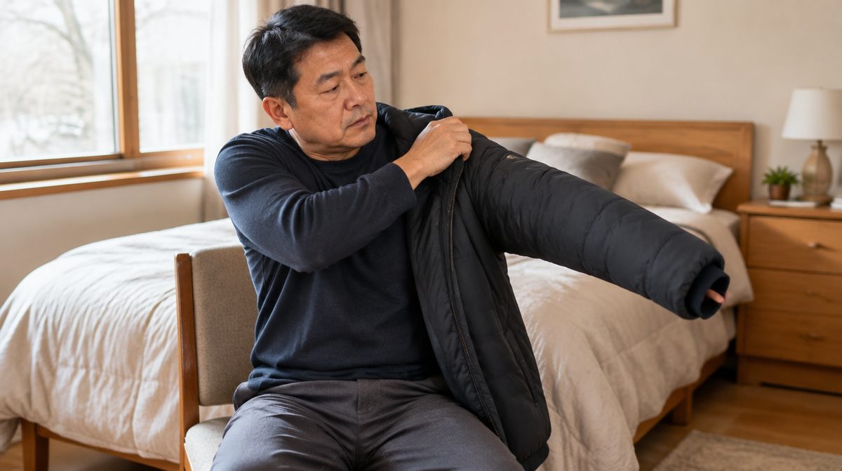 편마비 환자가 마비된 팔부터 겨울 외투를 입는 모습