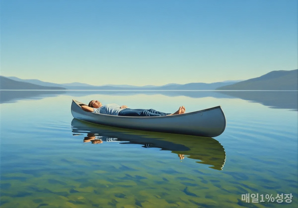 잔잔한 호수 위 카누에 누워 하늘을 바라보는 평화로운 상상 이미지