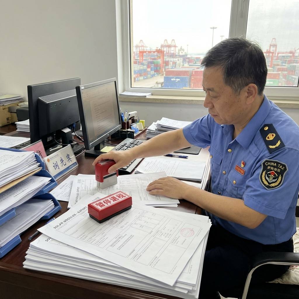 중국 세무 공무원이 태양광 패널 수출 서류에 환급 중단 도장을 찍는 모습, 실사 스타일