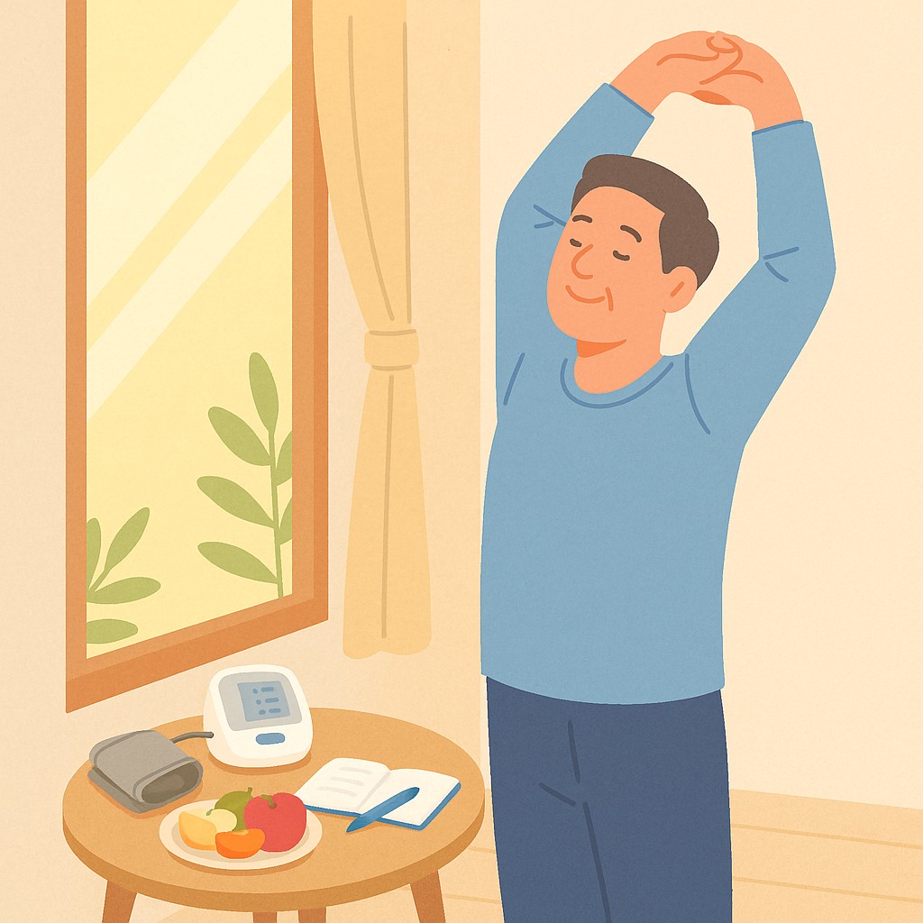 플랫 일러스트로 표현된 장면. 창가에서 중장년 남성이 아침 햇살을 받으며 스트레칭하고, 옆 테이블 위에는 혈압계, 기록용 노트, 과일 접시가 정갈하게 놓여 있는 모습