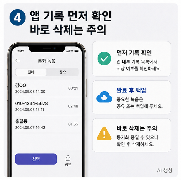 아이폰 통화녹음 앱 내부에서 저장 위치와 기록 상태를 확인하는 과정 이미지