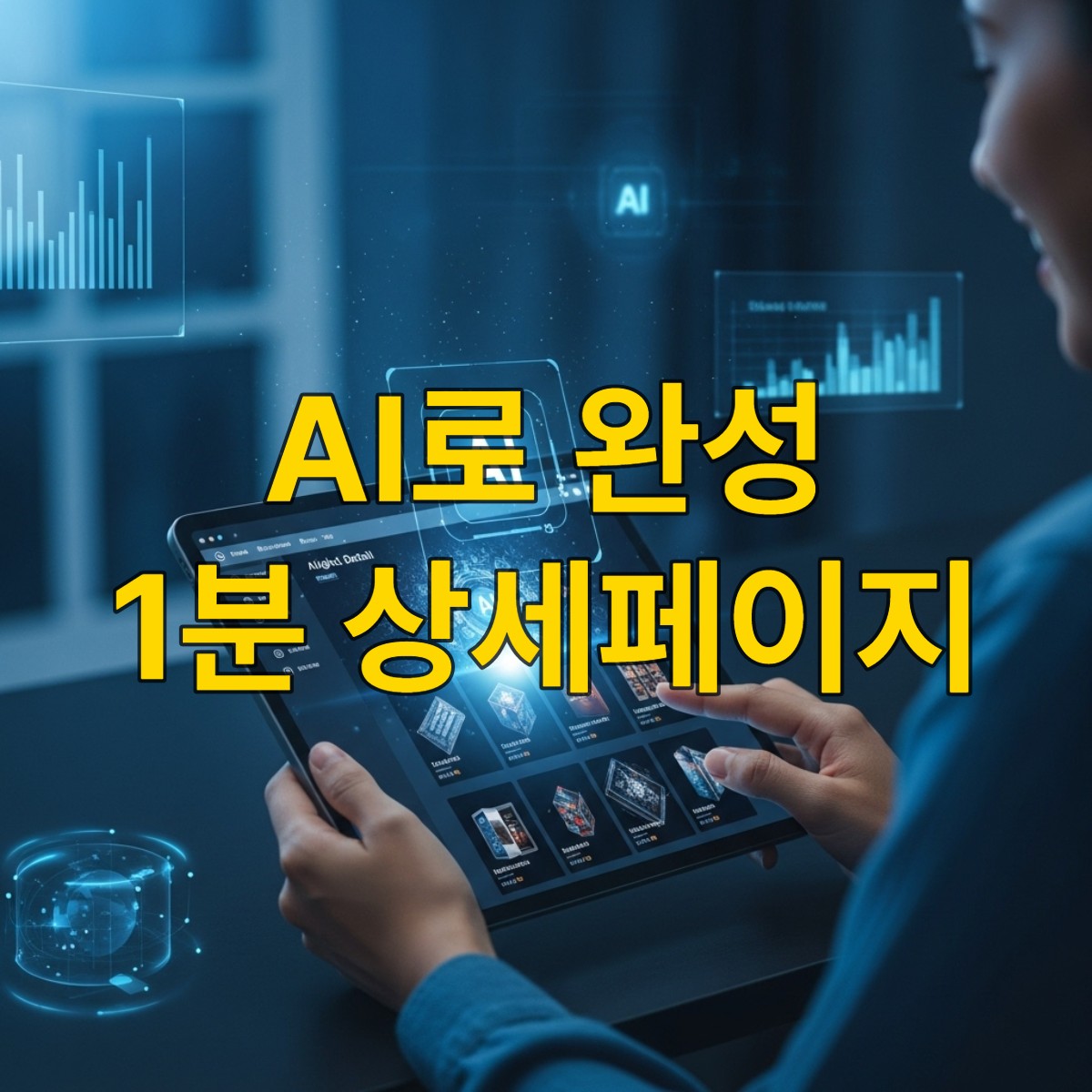 AI가 생성한 고품질 상세페이지를 태블릿으로 확인하며 만족하는 셀러의 모습. 이커머스 작업 효율성을 보여주는 미래지향적 이미지.