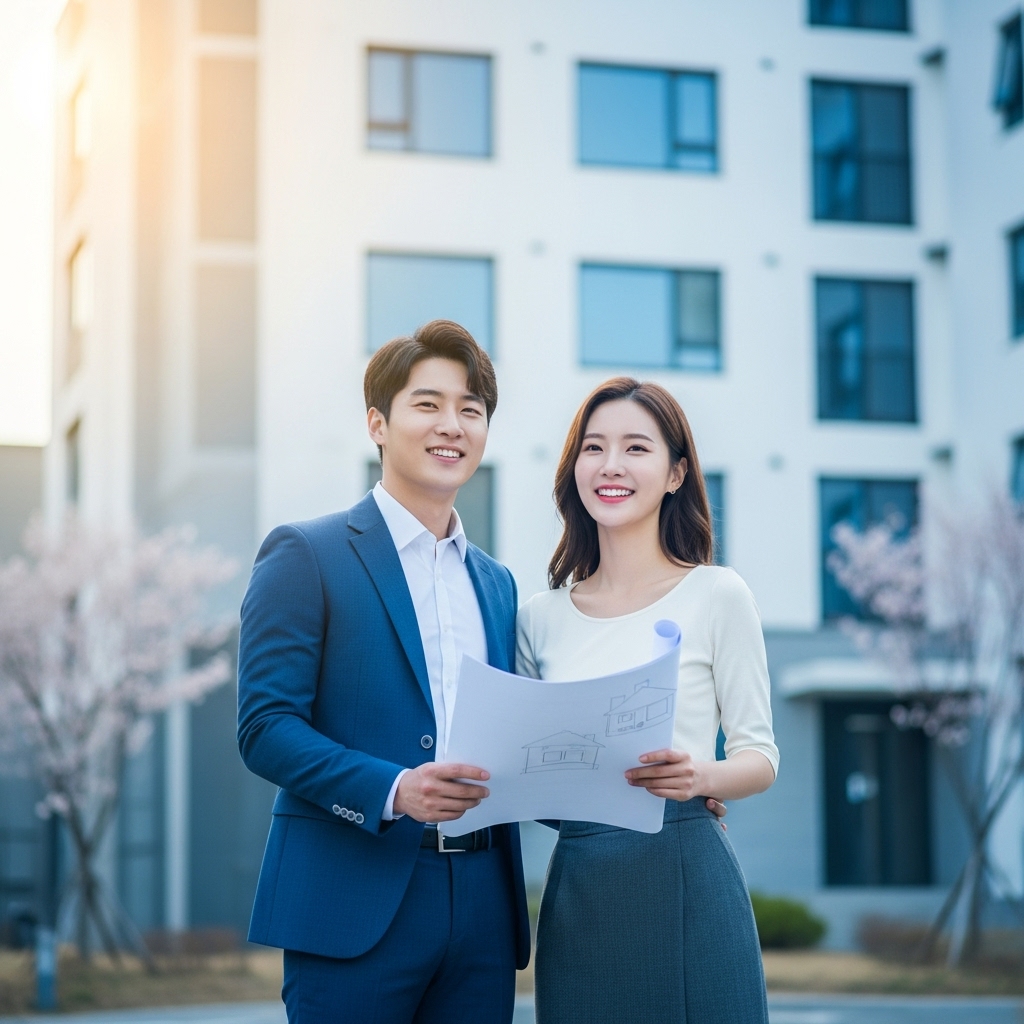 환하게 웃으며 새 아파트 앞에서 미래를 꿈꾸는 한국인 신혼부부의 모습. 그들의 손에는 주택 청사진이 들려있어 희망찬 내 집 마련의 꿈을 상징합니다.