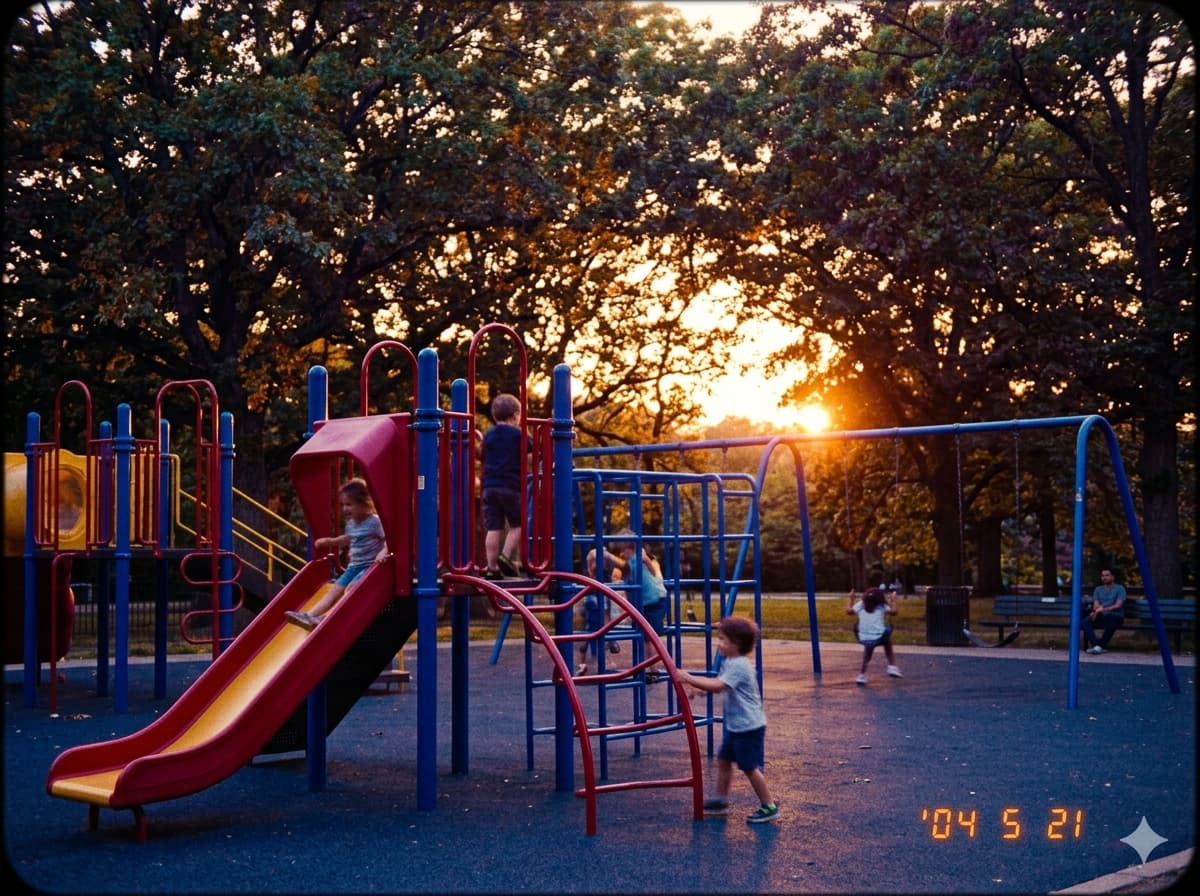 2000년대 초반 펜탁스 옵티오 CCD 센서 특유의 진한 빨강과 파랑 색감이 반영된 노을 진 놀이터 스냅 사진. 하단에 주황색 디지털 날짜 각인이 포함된 빈티지 디카 결과물 예시.