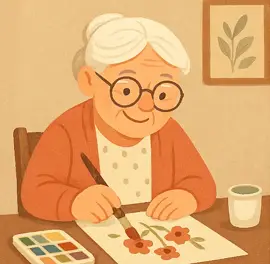 시니어가 거울 앞에서 칫솔질을 연습하는 모습