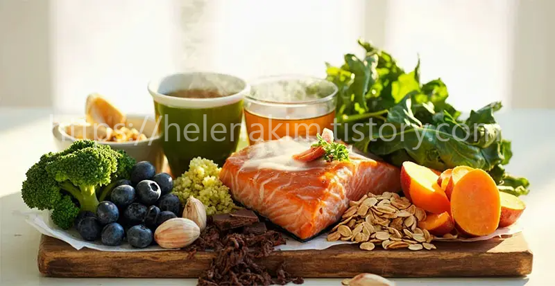 브로콜리, 연어, 오트밀, 등 녹황색 채소의 균형 잡힌 식단 관리