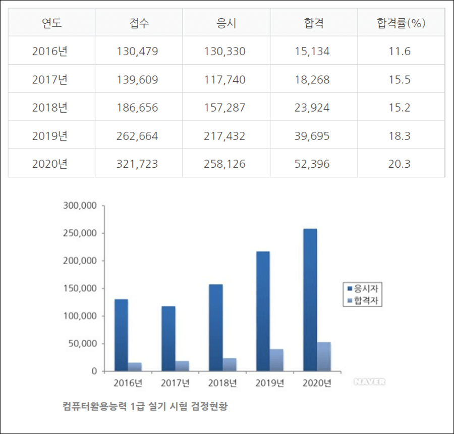 컴퓨터활용능력시험 실기 응시자 및 합격자 현황