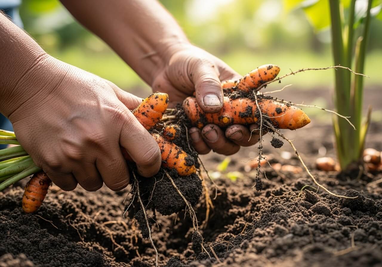 농부가 흙 속에서 갓 수확한 강황 뿌리를 캐내는 모습, 신선한 강황 원료 실사 이미지