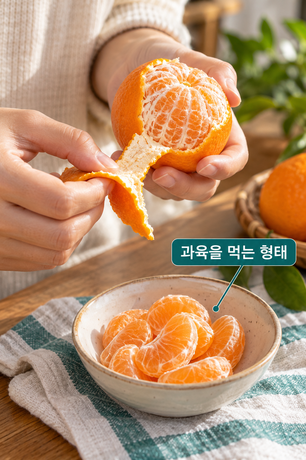 귤 껍질을 벗기고 과육을 그릇에 담는 손