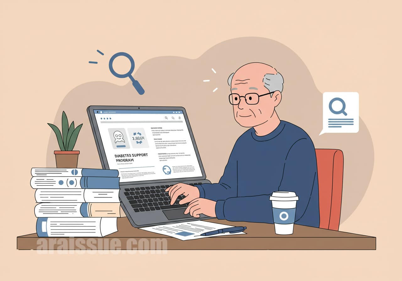 정부 사이트에서 지원정보 검색하는 노인 일러스트