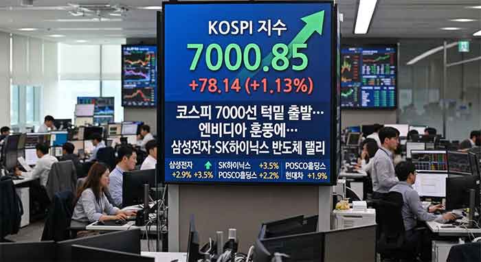 증권사 사무실 대형 화면에 뜬 코스피 7000선 돌파 그래프.