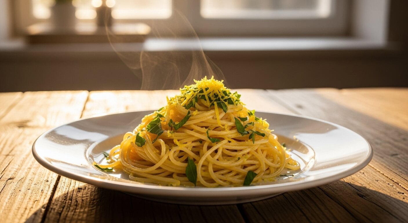 그라노벨로(Granobello) 파스타의 부드러운 식감과 산뜻한 풍미를 보여주는 요리 예시.