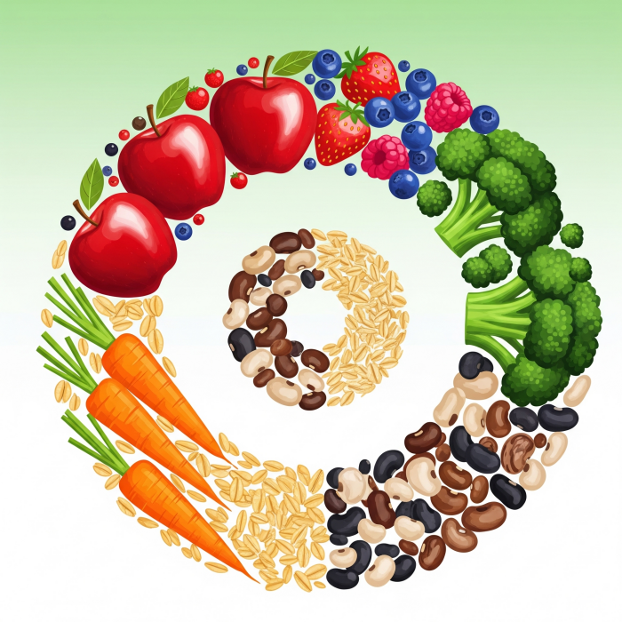 사과, 베리, 브로콜리, 당근, 귀리, 콩 등 다양한 식이섬유 식품들이 나선형으로 배열되어 건강한 소화 과정을 나타내는 이미지.