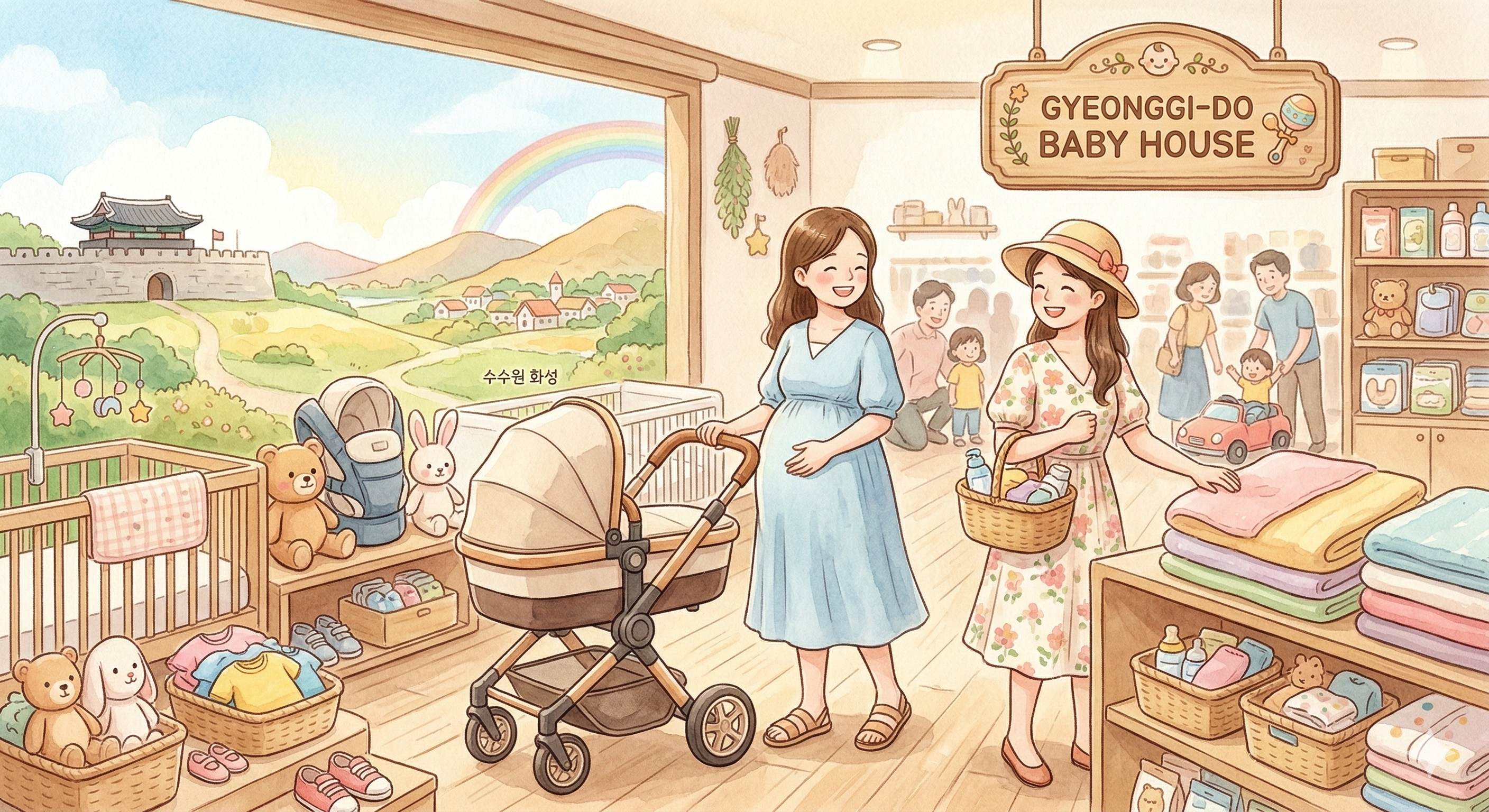 A bright watercolor illustration of families browsing strollers and baby clothes in a spacious shop with a scenic Gyeonggi-do landscape visible through the window.