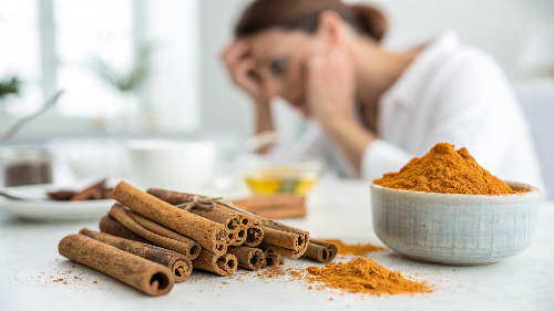 편두통의 불편한 장면과 계피가 보이는 이미지