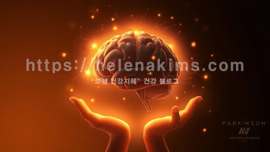 뇌 주변으로 치유와 회복을 상징하는 따뜻하고 희망적인 빛의 흐름이 부드럽게 감싸고, 이 빛은 굳어진 손을 감싸며 활력과 움직임을 되찾는 모습.