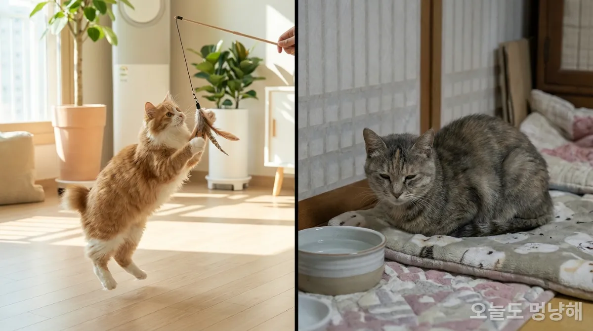 건강하게 노는 고양이와 물그릇 옆에서 지쳐 보이는 고양이를 대조하여 급성 및 만성 신부전의 차이를 보여주는 이미지