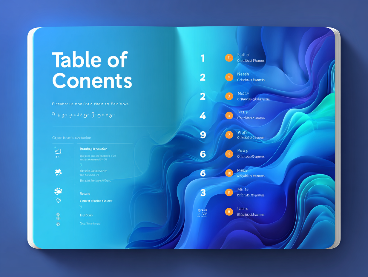 Flat infographic-style Table of Contents page with numbered sections on a blue gradient background.