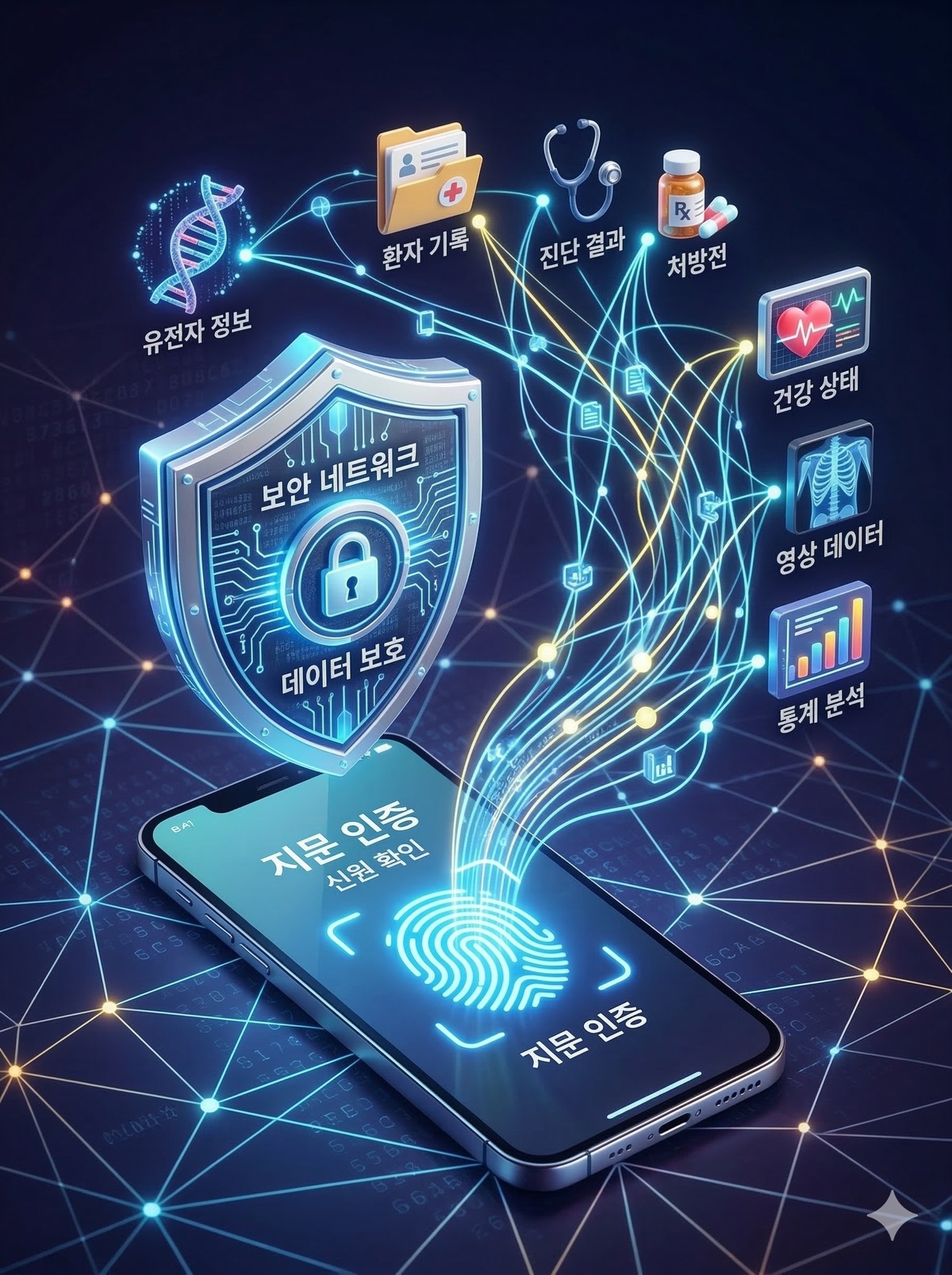 스마트폰 화면에 지문 인증 아이콘이 빛나고 있고, 그 뒤로 방패 모양의 보안 그래픽과 의료 데이터가 연결되는 3D 인포그래픽