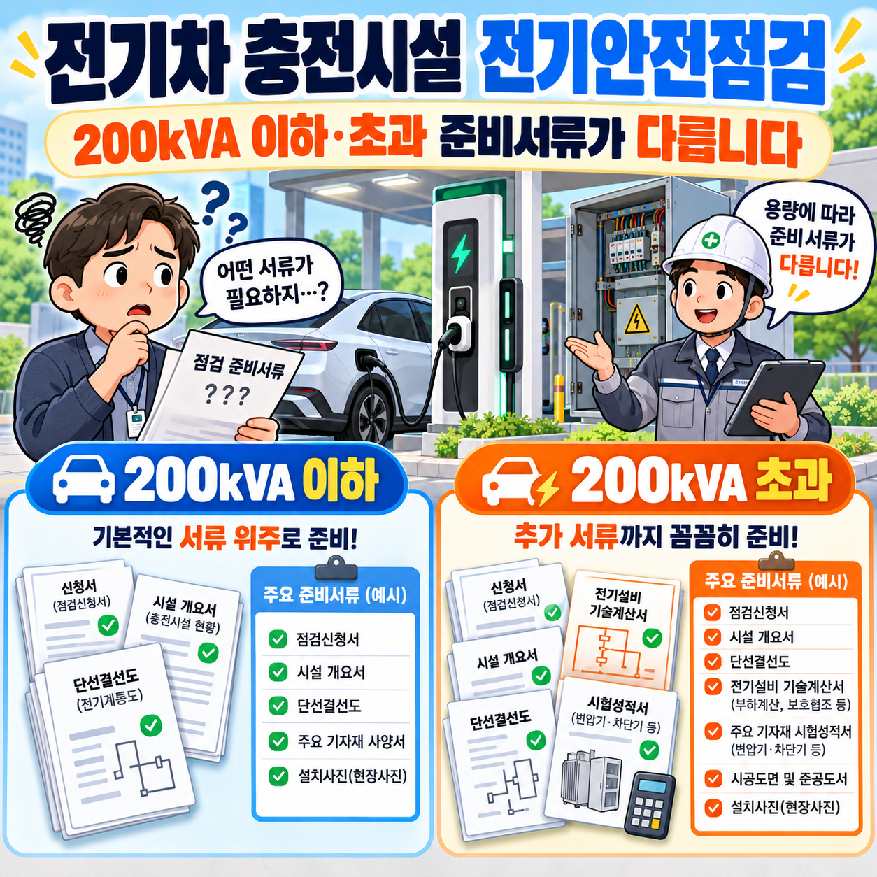 전기차 충전시설 전기안전점검, 200kVA 이하&middot;초과 준비서류가 다릅니다