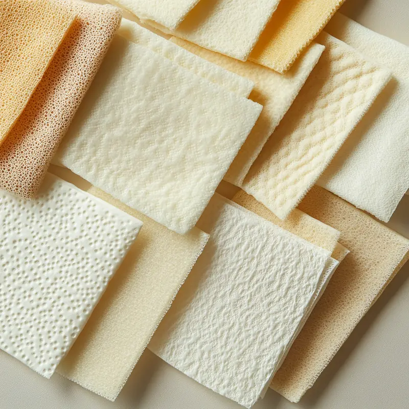 2025 무향 물티슈 시트의 흡수력과 부드러운 촉감, 다양한 무향 제품의 질감 차이가 도드라지는 장면, 순수함, 고흡수력, 무자극, 피부 안전, 비교