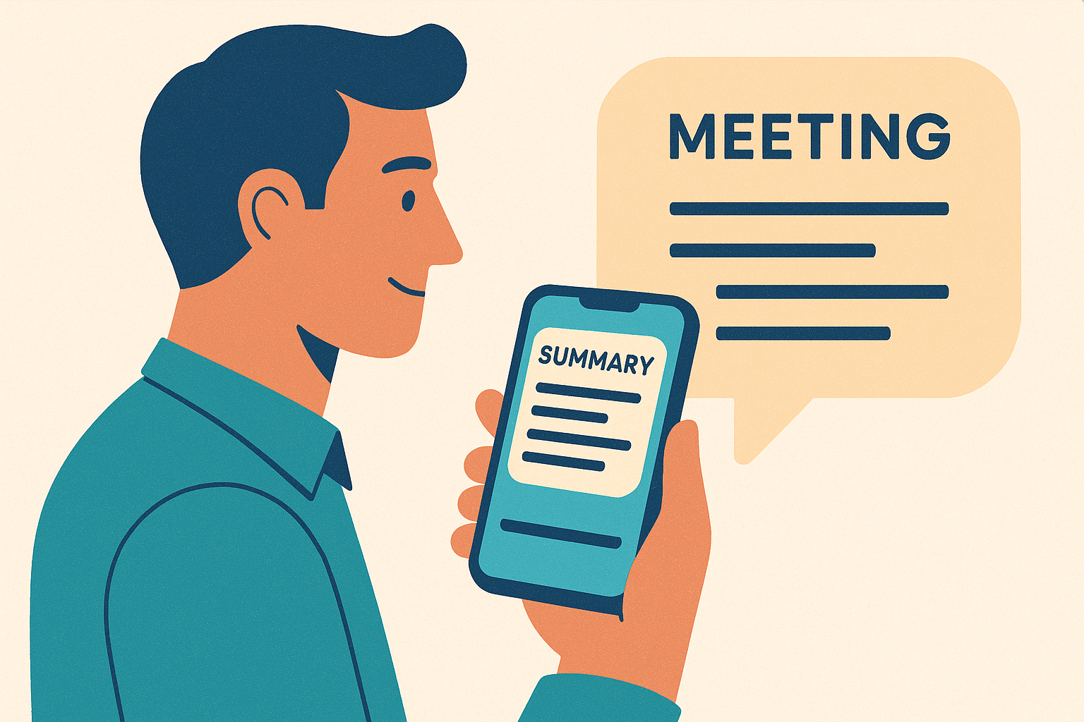 회의 중 스마트폰으로 음성을 녹음하고 AI가 실시간으로 텍스트 요약을 진행하는 장면을 표현한 일러스트