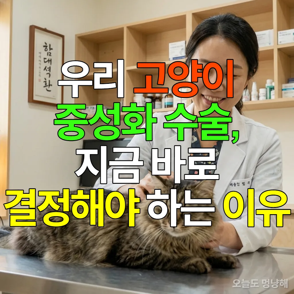 수의사가 고양이를 부드럽게 진찰하는 모습, 고양이 중성화 수술의 필요성과 건강 관리를 상징합니다.