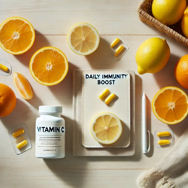 오렌지, 레몬, 비타민 C 보충제가 깔끔하게 정리된 스튜디오컷