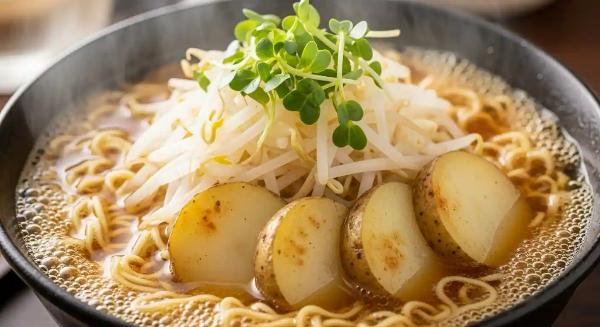 끓고 있는 라면에 콩나물, 숙주, 얇게 썬 감자가 들어가 있는 모습