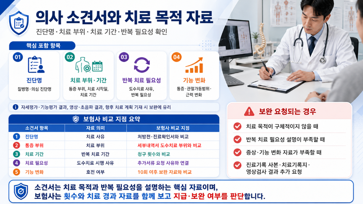 의사 소견서에 포함될 핵심 항목과 보험사 비교 지점, 보완 요청 사유를 정리한 의료 서류 인포그래픽