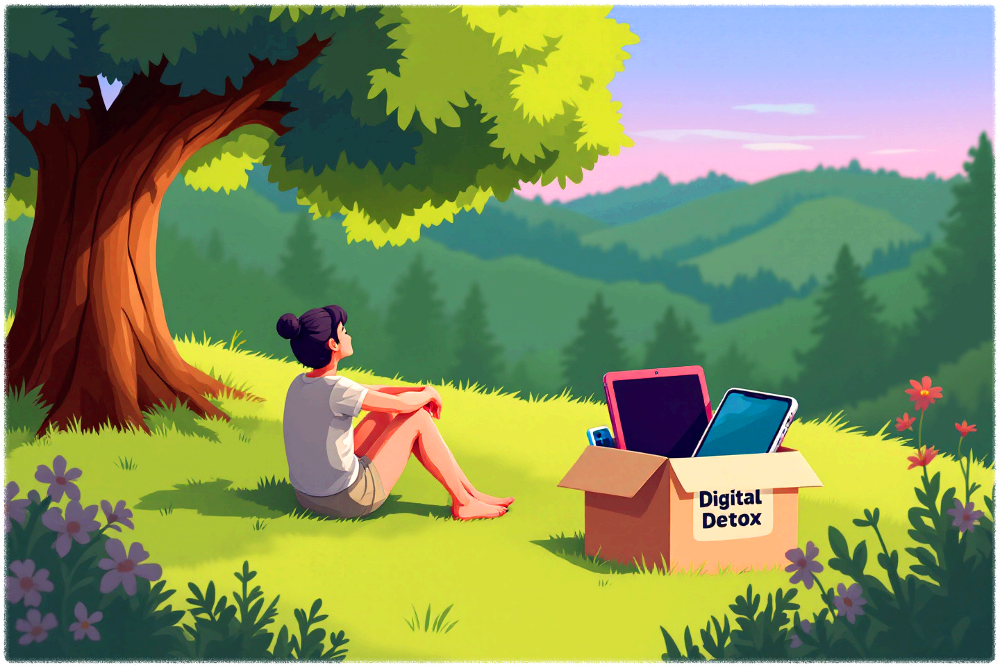 디지털 기기를 내려 놓고 마음의 정화를 하고 있는 이미지