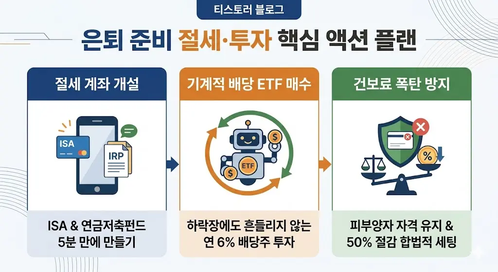 1단계 절세 계좌 개설(스마트폰으로 ISA 및 연금저축펀드 5분 만에 만들기), 2단계 기계적 배당 ETF 매수(하락장에도 흔들리지 않는 연 6% 배당주 투자 로봇 자동화), 3단계 건보료 폭탄 방지(피부양자 자격 유지 및 50% 절감 합법적 세팅 방어막) 과정