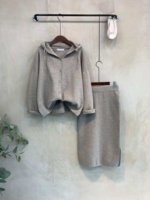 보올리 니트 후드 가디건 스커트 세트